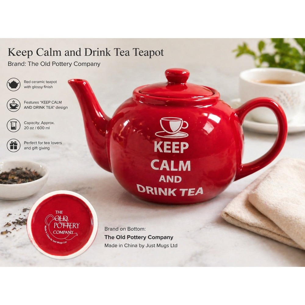 The Old Pottery Company Red Keep Calm‎ and Drink Tea Ceramic Teapot with Lid